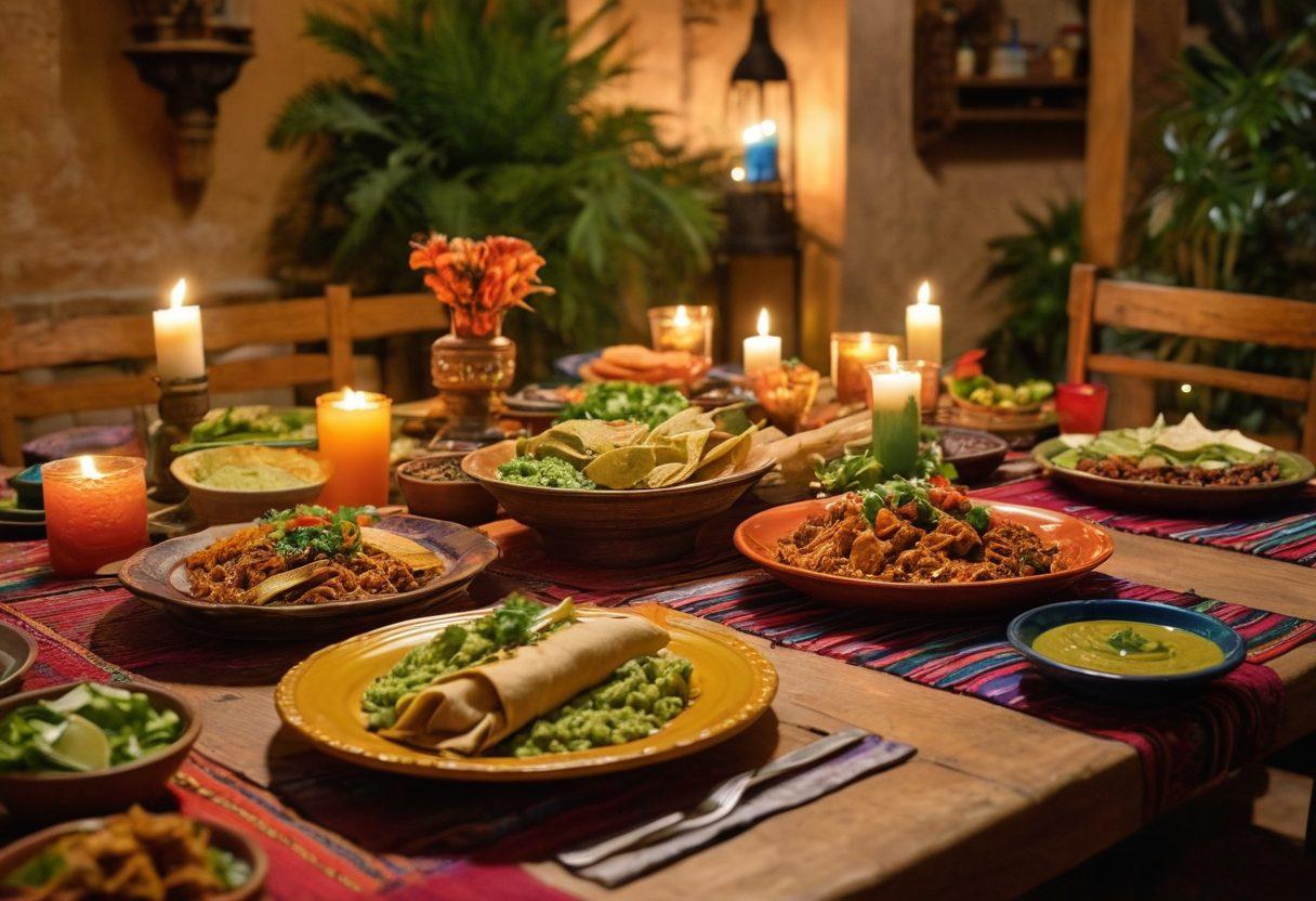 A beautifully set dining table at La Hacienda, filled with vibrant, traditional Mexican dishes, colorful decorations, and festive lighting. A warm ambiance with family members laughing and sharing food, surrounded by a backdrop of lush greenery and rustic architecture. The table is adorned with bright tableware and candles, creating an inviting atmosphere for a celebration. super-realistic. vibrant colors. warm lighting.