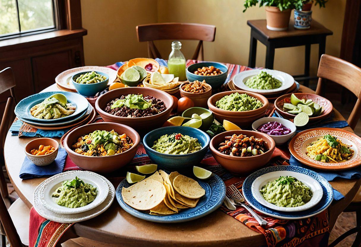 A vibrant, colorful table set with an array of beautifully presented Mexican dishes, featuring fresh guacamole, tacos with assorted toppings, and a large bowl of pozole. Surround the table with warm terra-cotta plates and colorful textiles, evoking a joyful home-style dining experience. Soft, warm light illuminates the scene, inviting a sense of comfort and festivity. super-realistic. vibrant colors. warm lighting.