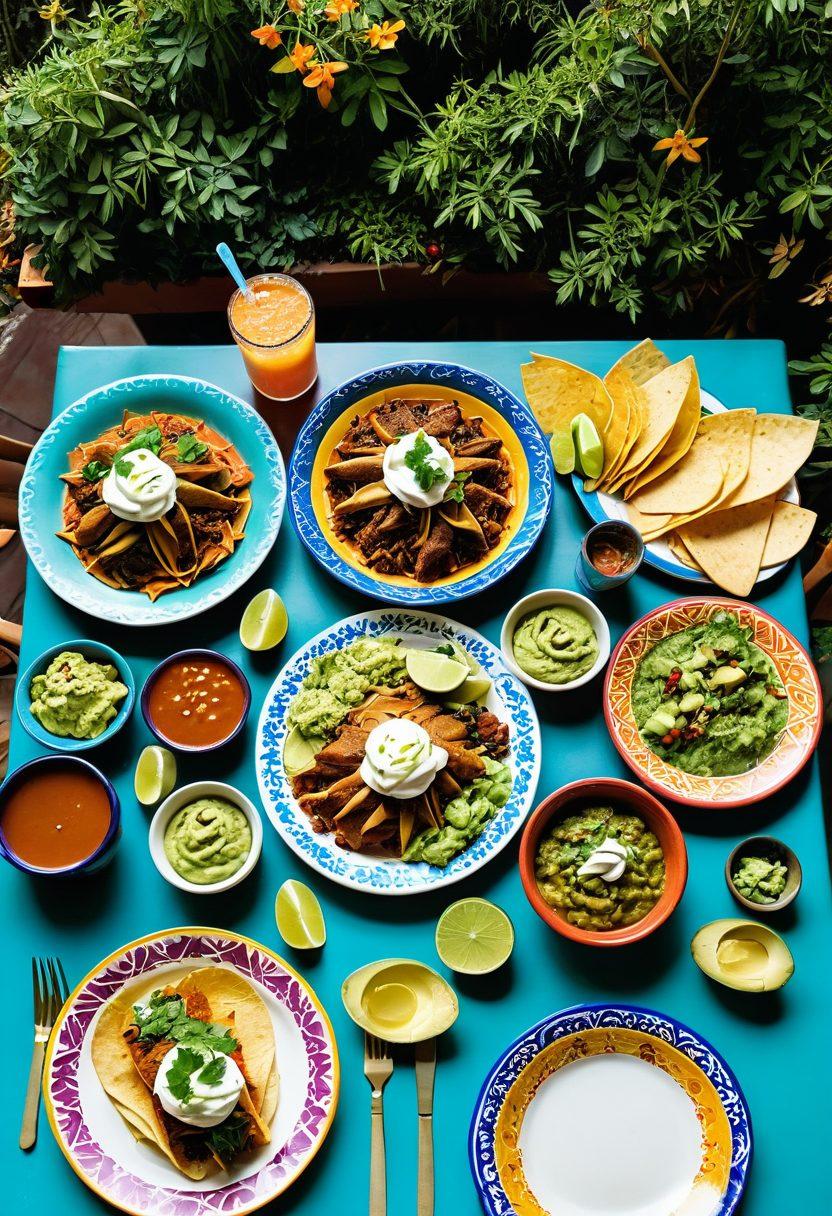 A vibrant table set with traditional Mexican dishes like tacos, enchiladas, and guacamole, adorned with colorful ceramics and fresh ingredients. Lively mariachi musicians in the background, showcasing the festive atmosphere of La Hacienda, with warm sunlight illuminating the scene. Include decorative papel picado banners overhead and lush green plants around the setting. super-realistic. vibrant colors.